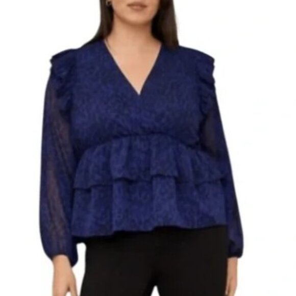 Torrid Brand Women's size 2 Blue & Black Animal Print Chiffon Surplice Blouse - Picture 2 of 5